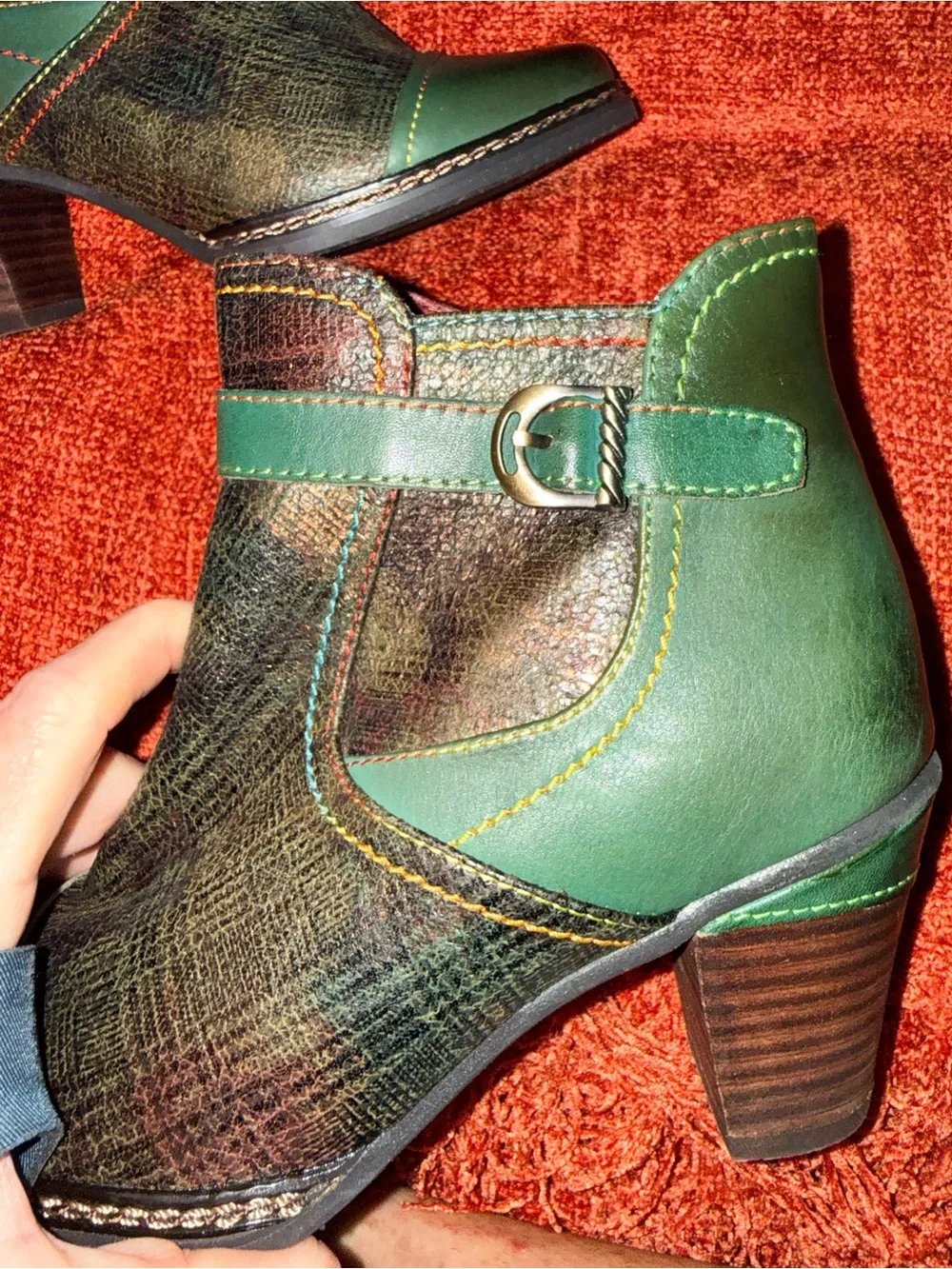 Women's Green Leather Ankle Booties with Decorative Buckle
